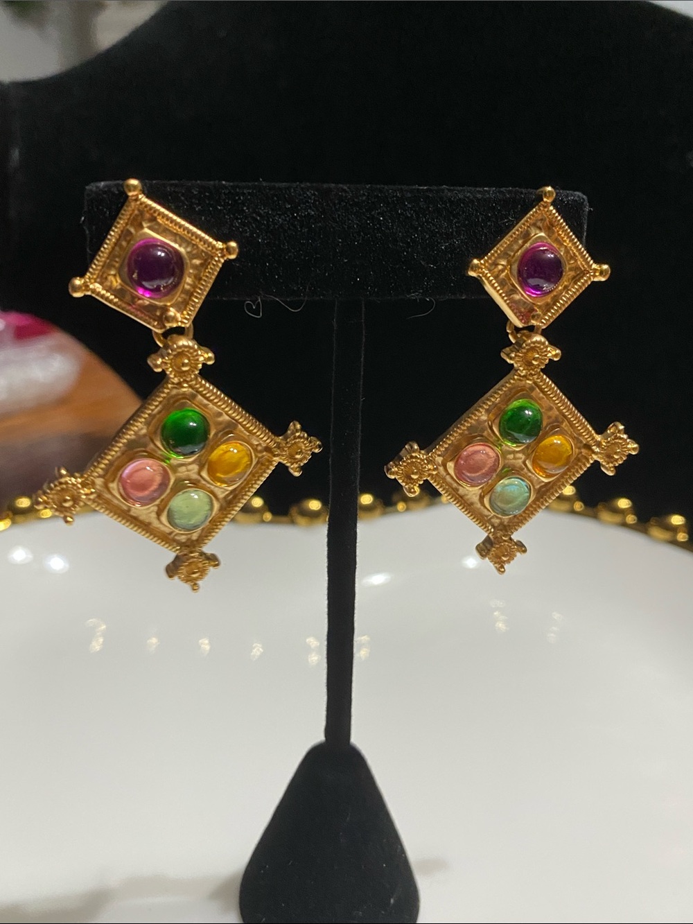 Matte Gold Multicolor Cabochon Drop Earrings S925 backs